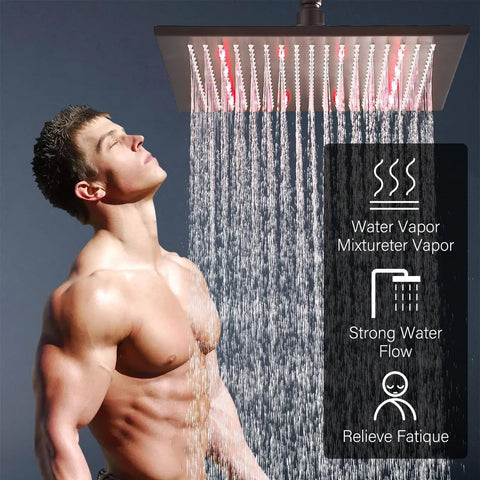12 Inch Black Square LED Rain Shower Head With Brass Overhead Spray For Bathroom in use with color-changing LED lights