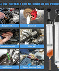 500 CC Fluid Extractor For Oil Gasoline Power Steering Brake Fluid And More shown with various uses including engine and brake oil extraction.