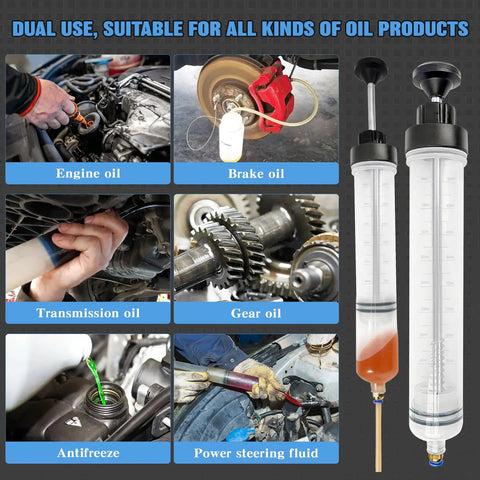 500 CC Fluid Extractor For Oil Gasoline Power Steering Brake Fluid And More shown with various uses including engine and brake oil extraction.