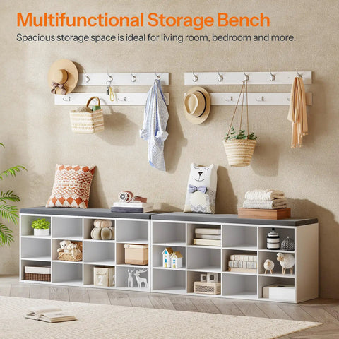 Shoe Storage Bench With Cushion 39 Inch Entryway Bench With 12 Cubbies And Coat Rack Hall Tree Style Storage Cabinet For Hallway White Finish Holds Up To 330 Lb