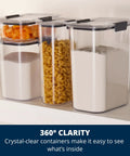 Straight Up 12 Cup Airtight Food Storage Container With Secure Snap Lid For Pantry Organization And Kitchen Cabinets Absolutely Leak Proof And Stackable Shape Keeps Dry Goods Fresh Way Longer Every Single Day, displaying clear design with pasta, flour, and sugar.