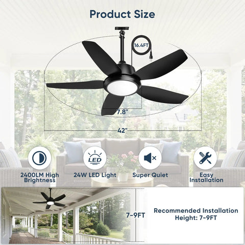 42 Inch Outdoor Ceiling Fan With Lights, IP65 Weatherproof, App And Remote Control, Dimmable 3CCT LED, 6 Speed Quiet DC Motor