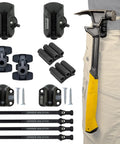 Clip On Tool Holster For Your Belt A Self Locking Dock Station with hammer attached and components displayed on a belt.
