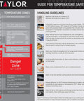 Temperature safety guide with danger zone and handling tips on avoiding foodborne illness, featuring Taylor brand guidelines.