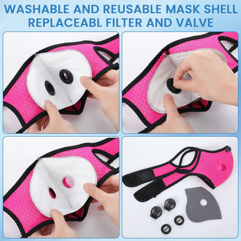 Pro Grade Six Pack Breathable Dust Mask With Adjustable Straps And 24 Activated Carbon Filters for Woodworking Reusable Respirator in Rose Red with Filters Display