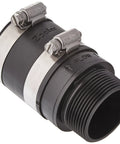 Side view of Zoeller inline check valve, small black plastic body with silver hose clamps and threaded end