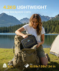 Woman placing On The Go Portable Power Station 296Wh Backup Battery With 20ms UPS 300W into backpack by a lake with mountains.