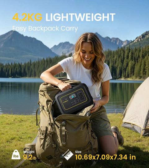 Woman placing On The Go Portable Power Station 296Wh Backup Battery With 20ms UPS 300W into backpack by a lake with mountains.