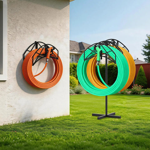 Heavy Duty Garden Hose Holder With Dual Hose Storage Holds 160 Ft Per Hose Freestanding Hose Reel Stand 90 Degree Rotatable Hook 4 Ground Spikes Outdoor Yard Lawn Sturdy Hose Organizer with dual hoses in garden.