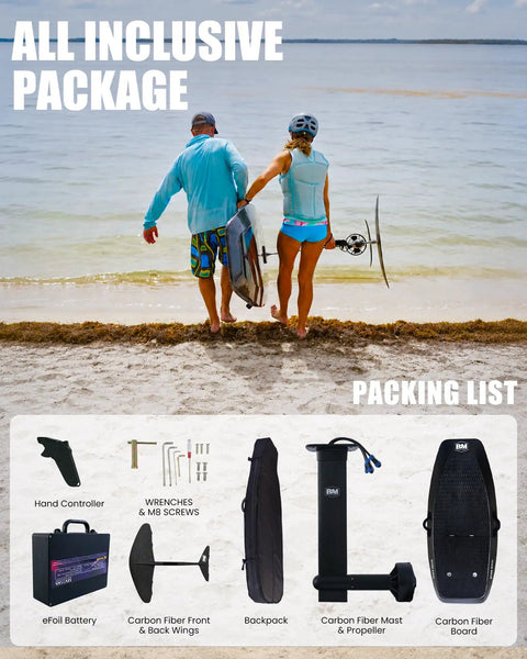 Couple carrying 8000W Electric Efoil Surfboard With Wireless Remote High Speed Hydrofoil Board For Adults Supports Up To 286 Lbs Rechargeable Battery Easy Launch Fly Above Water At Gnarly Speeds with carbon fiber components and accessories on beach.