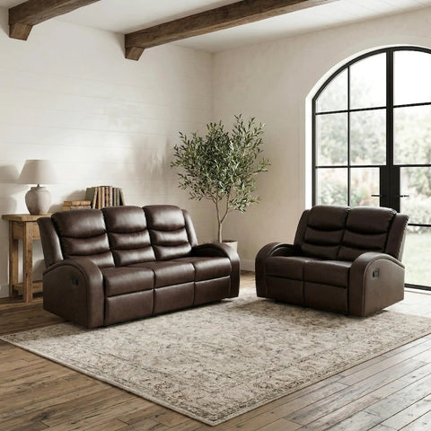 Comfy Leather Recliner Sofa Set 3 Piece Living Room Furniture Sectional With Manual Recliners Couch Family Room Home Theater Seating Brown Leather Loveseat Chair in modern living room.