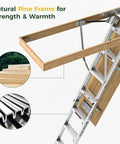 10 Ft Aluminum Attic Ladder Pull Down System For 22.5 X 54 Inch Opening, Fits Ceilings From 7 Ft 8 In To 10 Ft 3 In, Heavy Duty Attic Access With Solid Pine Rails And Reinforced Base, Smooth Operation And Easy Install. Natural pine frame attic ladder with aluminum rungs and fold-down access.