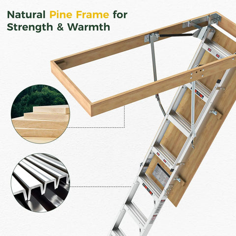 10 Ft Aluminum Attic Ladder Pull Down System For 22.5 X 54 Inch Opening, Fits Ceilings From 7 Ft 8 In To 10 Ft 3 In, Heavy Duty Attic Access With Solid Pine Rails And Reinforced Base, Smooth Operation And Easy Install. Natural pine frame attic ladder with aluminum rungs and fold-down access.