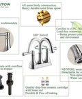 Chrome 4 Inch Centerset Bathroom Faucet With Two Handles For 3 Holes And Pop Up Drain Slick High Arc Vanity Lavatory Tap 360 Degree Brass Swivel Spout Lead Free Waterway Ceramic Cartridges cUPC NSF61 CEC Certified with feature highlights