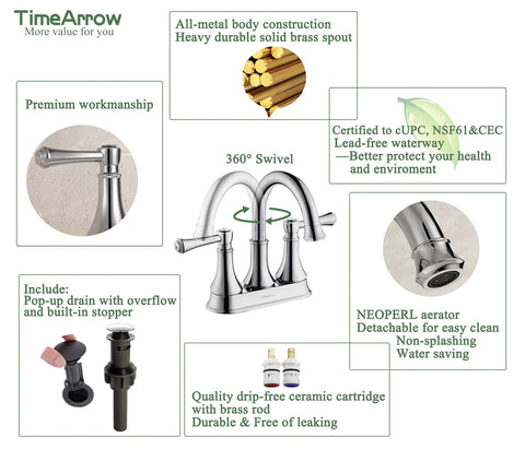 Chrome 4 Inch Centerset Bathroom Faucet With Two Handles For 3 Holes And Pop Up Drain Slick High Arc Vanity Lavatory Tap 360 Degree Brass Swivel Spout Lead Free Waterway Ceramic Cartridges cUPC NSF61 CEC Certified with feature highlights