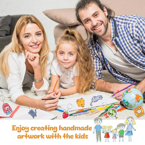 Family creating crafts with Shrink Paper Kit For Kids Complete Craft Set With 150 Pcs Sheets 130 Pcs Keychains And 100 Open Irons