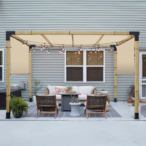 12 By 12 Pergola Cover With Grommets And Weighted Rods HDPE UV Blocking Shade Cloth For Gazebo Backyard Deck Or Porch in beige
