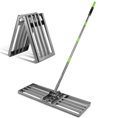Beefy Heavy Duty Lawn Leveling Rake With 30 By 10 Inch Ground Plate And 6 Foot Adjustable Handle shown in folded and extended views