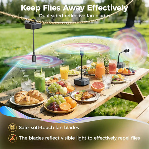 Rechargeable Fly Table Fans With LED Display And Safe Blades 4 Pack in use at outdoor picnic, deterring flies, holographic blades visible.