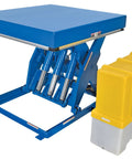 Rock Solid Welded Steel Electric Hydraulic Lift Table Featuring 48 By 48 Inch Platform And 12000 Pound Capacity For Shop Floors side view with hydraulic components.