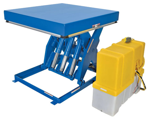 Rock Solid Welded Steel Electric Hydraulic Lift Table Featuring 48 By 48 Inch Platform And 12000 Pound Capacity For Shop Floors side view with hydraulic components.