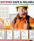 Firefighter holding 18 Pack Fire Suppression Stickers For Electrical Outlets And Power Strips with safety certificates shown