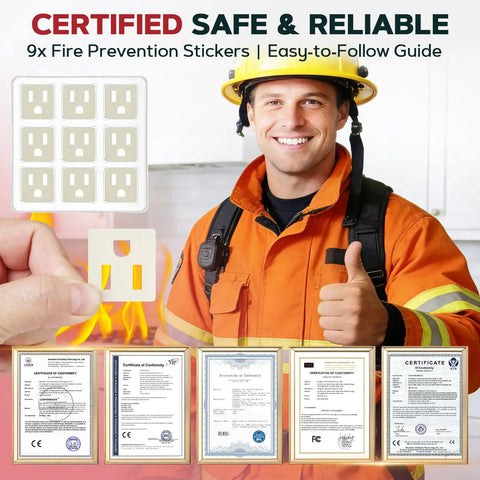 Firefighter holding 18 Pack Fire Suppression Stickers For Electrical Outlets And Power Strips with safety certificates shown