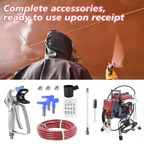 Heavy Duty Airless Paint Sprayer With Fifty Foot Hose And Three Swappable Tips Crush Exterior Painting Projects On Homes Fences And Decks Straight From The Paint Bucket Save Serious Sweat Equity And Get Her Done Quick with accessories.