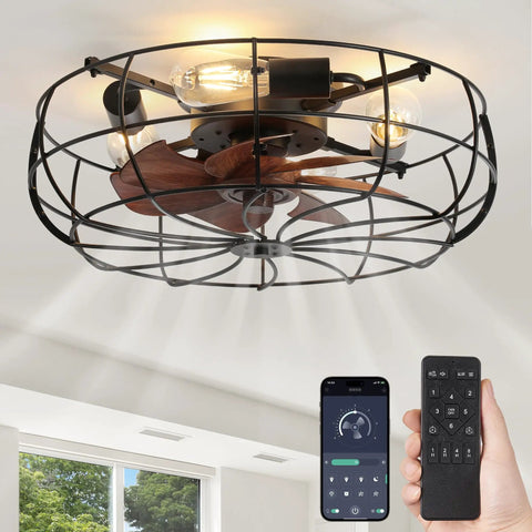 Enclosed 20 Inch Bladeless Ceiling Fan With Light And Remote, Flush Mount Low Profile Industrial Farmhouse Style for Bedroom and Kitchen