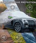 Universal 6 Layer Car Cover For SUVs Up To 190 Inches, in use on SUV with rain, snow, and sun protection illustrations.