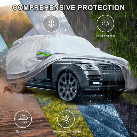 Universal 6 Layer Car Cover For SUVs Up To 190 Inches, in use on SUV with rain, snow, and sun protection illustrations.