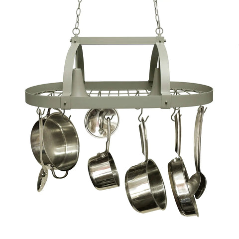 Oil Rubbed Bronze Two Light Kitchen Pot Rack With Downlights, 35.5 Inch Long, 19.25 Inch Wide, 13.5 Inch High, hanging with utensils.