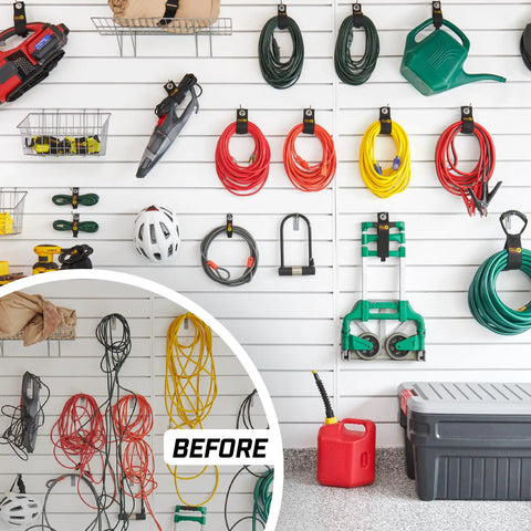 Heavy Duty Storage Straps Six Pack For Garage Cord Management and Cable Organization in use on garage wall.