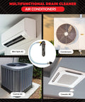 Gallo Drain Gun With CO2 Cartridges For AC Condensate Lines, HVAC Cleaner Blaster Opener Kit next to various AC units