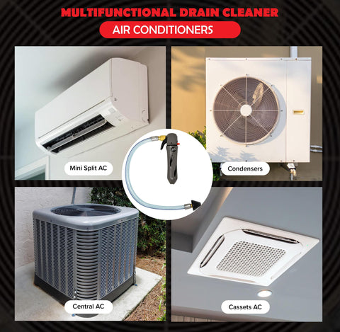 Gallo Drain Gun With CO2 Cartridges For AC Condensate Lines, HVAC Cleaner Blaster Opener Kit next to various AC units
