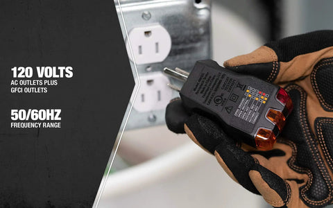 GFCI Receptacle Tester With Push Button For Fast And Accurate Wiring Checks, compact design, held by gloved hand near outlet