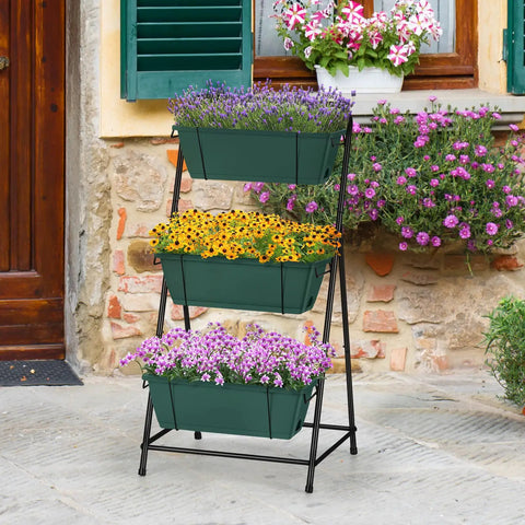 3 Tier Vertical Raised Garden Bed Standing Planter Box For Vegetables Herbs And Flowers Indoor Outdoor Space Saving Garden Organizer In Green Easy Assembly Ready To Go For Any Balcony Or Patio And Built To Last with flowers on patio