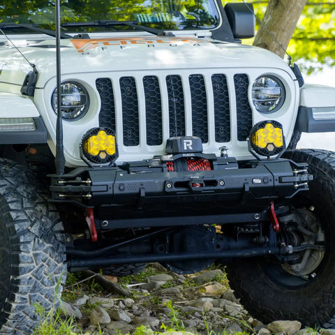 Beefy 13,500 Lb Synthetic Rope Winch For Trucks And SUVs, 12V IP68 Waterproof Motor, Wireless And Wired Remote, Heavy Duty Off Road Tow Winch For Trailers And UTVs Tank Series mounted on a Jeep bumper