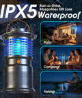 Outdoor 2-In-1 Mosquito Zapper With Zap And Trap in use during rain with IPX5 waterproof rating, shown in patio, camping, fishing scenarios