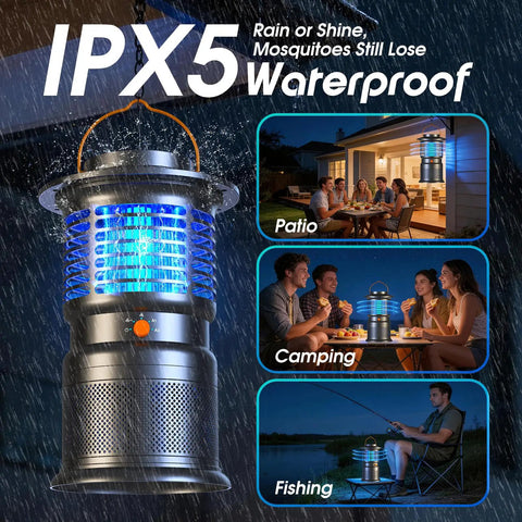 Outdoor 2-In-1 Mosquito Zapper With Zap And Trap in use during rain with IPX5 waterproof rating, shown in patio, camping, fishing scenarios