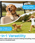 Solid Golf Cart Dog Seat Leash And Adjustable Safety Harness With Tangle-Free Retractable Strap shown with a golden retriever in a golf cart and on a leash.