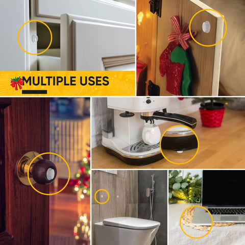 128 Clear Cabinet Door Bumpers Self Adhesive Rubber Cushions One Half Inch No More Door Slams Damp Pads shown in multiple uses