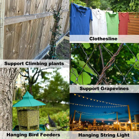 One Sixteenth Inch Stainless Steel Wire Rope Kit, 100 Feet, Includes 50 Aluminum Crimping Sleeves, 7x7 Construction, 368 Lbs Breaking Strength, Silver Finish, Durable Cable for Lifting, Rigging, DIY Projects used for climbing plants, clotheslines, bird feeders, grapevines, and string lights applications.