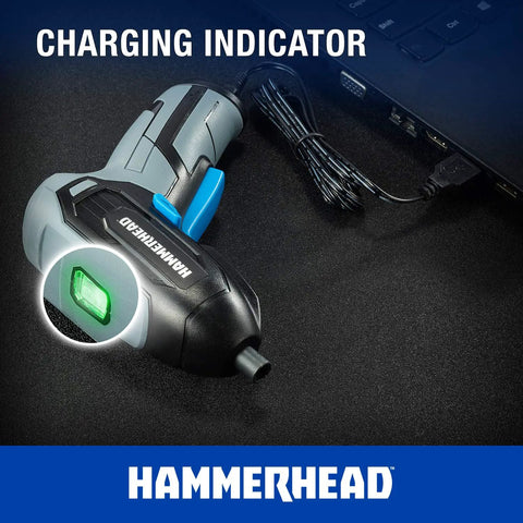 Lightweight 4V Cordless Screwdriver With 9 Bit Set Micro USB Charging Ergonomic Rubber Grip showing charging indicator