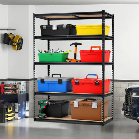 Heavy Duty Five Tier Metal Shelving Unit With Reinforced Steel Frame And Adjustable Thick Mdf Shelves, storage of tool boxes in garage.