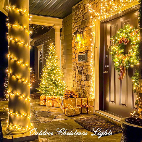 200 LED String Lights 66 Ft Connectable Warm White Cozy Glow Christmas Fairy Lights on house column and door