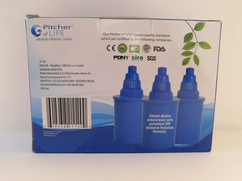 Alkaline Water Pitcher Replacement Filters 3 Pack Game Changing High pH ORP Boost BPA Free shown on product packaging