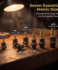 Heavy Duty Carbon Steel Rivet Nut Set With Seven Interchangeable Mandrels And Seventy Metric Inserts For Quick Automotive Builds and Rock Solid Custom Fabrication Work, showing M3 to M12 sizes.