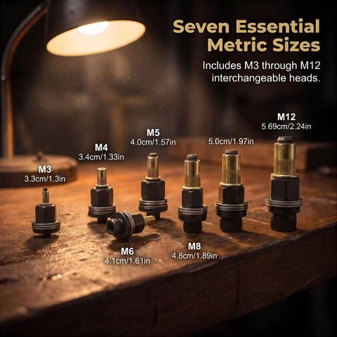 Heavy Duty Carbon Steel Rivet Nut Set With Seven Interchangeable Mandrels And Seventy Metric Inserts For Quick Automotive Builds and Rock Solid Custom Fabrication Work, showing M3 to M12 sizes.