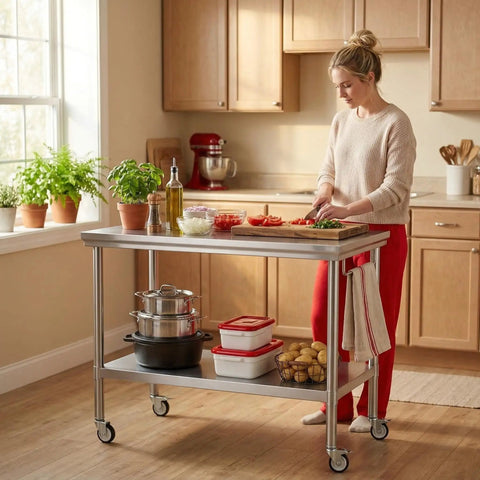 Beefy Stainless Steel Pulley Workbench With Casters, Heavy Duty Prep Table With Lower Shelf For Restaurants, Garages, And Outdoor BBQs